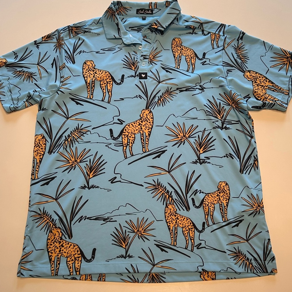 Men’s XL Bad Birdie Golf Polo - Light Blue Tropical Leopard